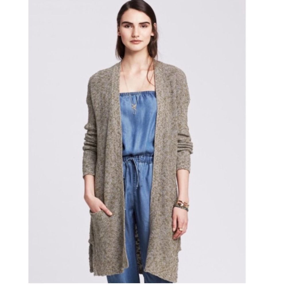 Banana Republic Olive Heather Marled Drapey Pocket Long‎ Cardigan Sweater M Cozy